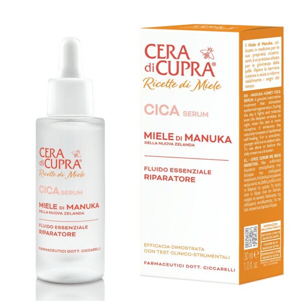 cera-di-cupra-ricette-di-miele-cica-serum-miele-di-manuka-serum-met-manuka-honing-uit-nieuw-zeeland-het-serum-herstelt-verstevigt-versterkt-voorkomt-veroudering-een-geeft-een-stralende-huid - flesje en verpakking