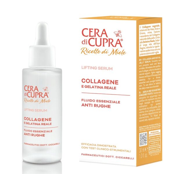 cera-di-cupra-ricette-di-miele-collagene-e-gelatina-reale-siero-concentrato-serum-voor-herstel-van-de-huidcellen-met-collageen-koninginnengelei-en-multivitaminen - flesje 30ml en verpakking